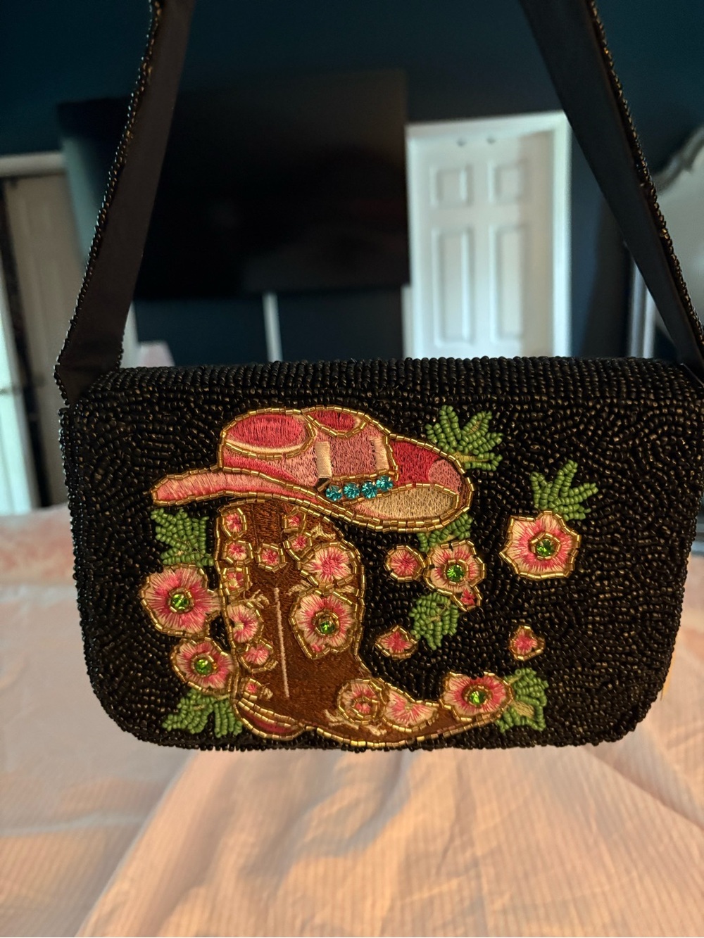 Unbranded Black Beaded Crossbody with Pink Floral Western Boot Motif